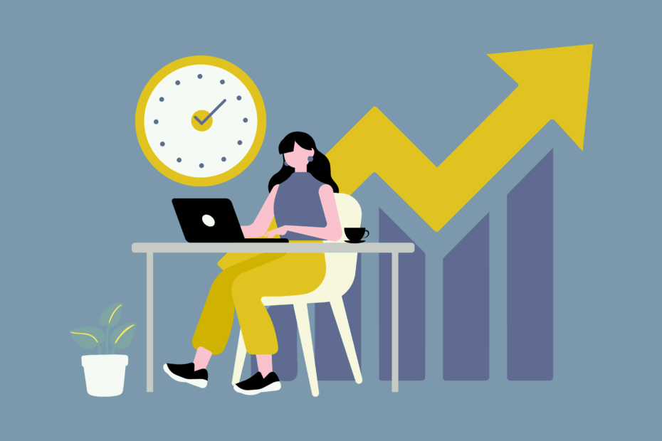 Illustration einer Frau, die mit Laptop am Tisch sitzt. Im Hintergrund eine Entwicklungsgrafik in blau