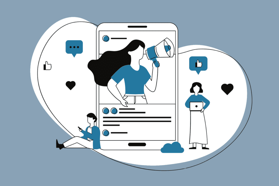 Handydisplay zeigt eine Frau mit Megaphone und weitere Social Media Elemente