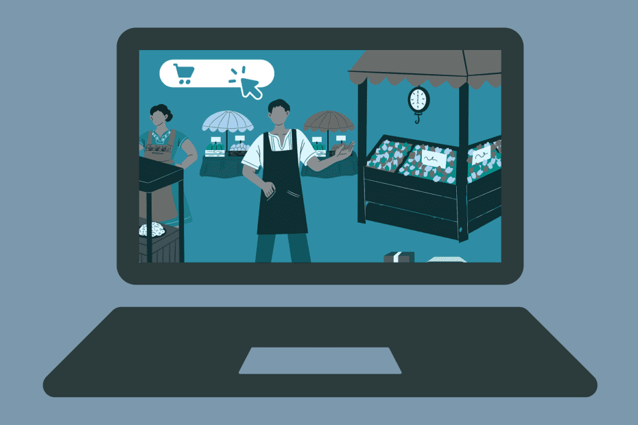 Auf einem Laptopbildschirm wird ein traditioneller Markplatz und ein digitaler Einkaufsbutton angezeigt