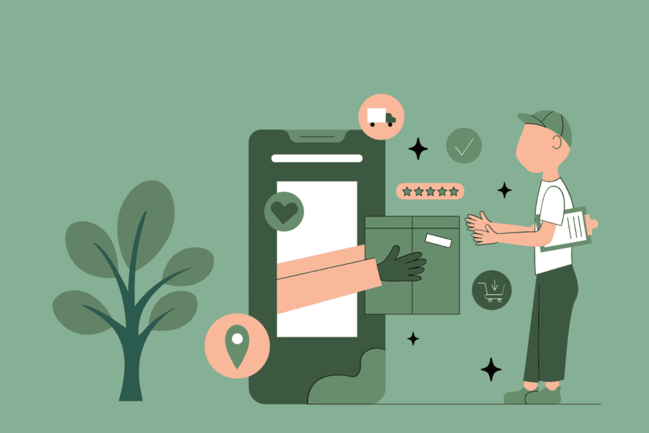 Illustration eines Menschen, der seine Ware direkt aus dem Smartphone erhält in grün