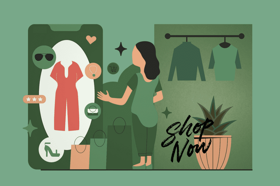 Illustration einer Frau, die vor einem virtuellen Spiegel steht und Kleidung auswählt in grün