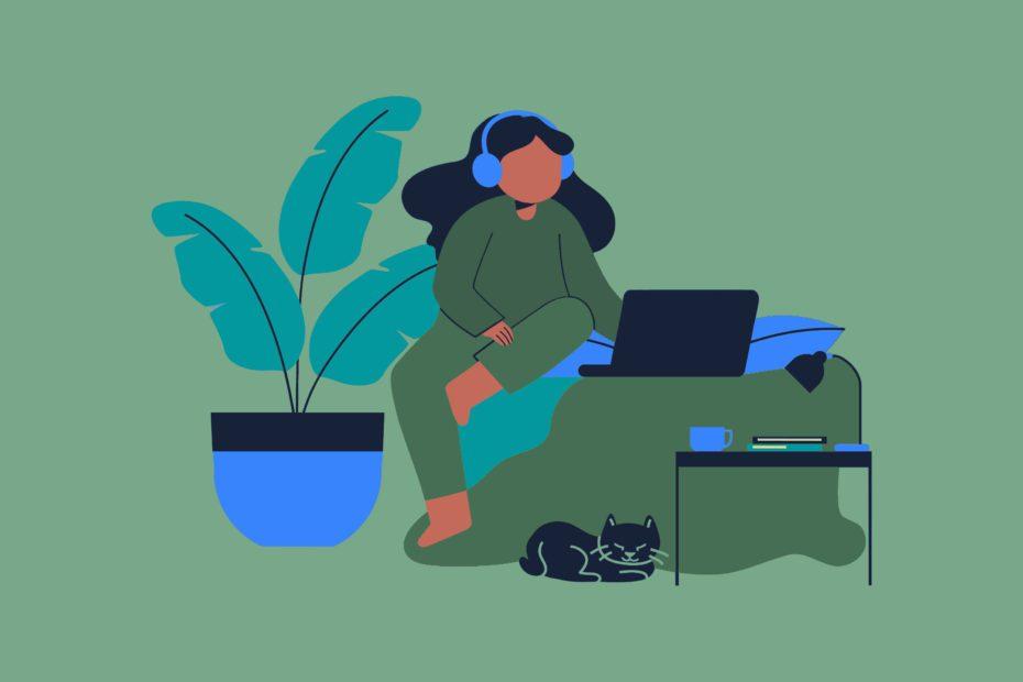 Illustration einer Frau, die auf ihrem Bett sitzt und einen Laptop benutzt in grün