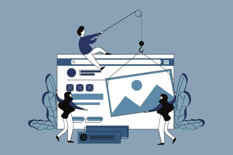 Illustration mehrerer Menschen, die eine Webseite bauen in blau